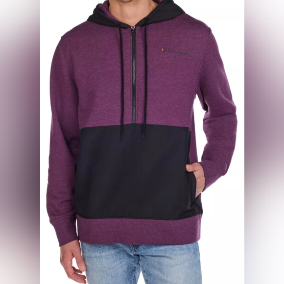 Champion Fleece Woven-Mix Half Zip Two Tone Hoodie Size L Used Excellent - Picture 1 of 8